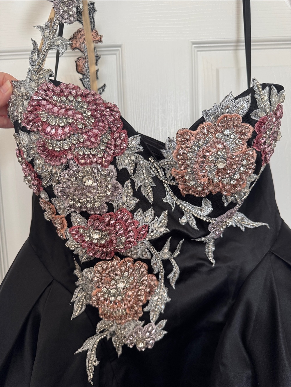 Mac Duggal 11955 Black Satin One-Shoulder Midi Dress with Beaded Flowers Size 10 - Picture 6 of 11